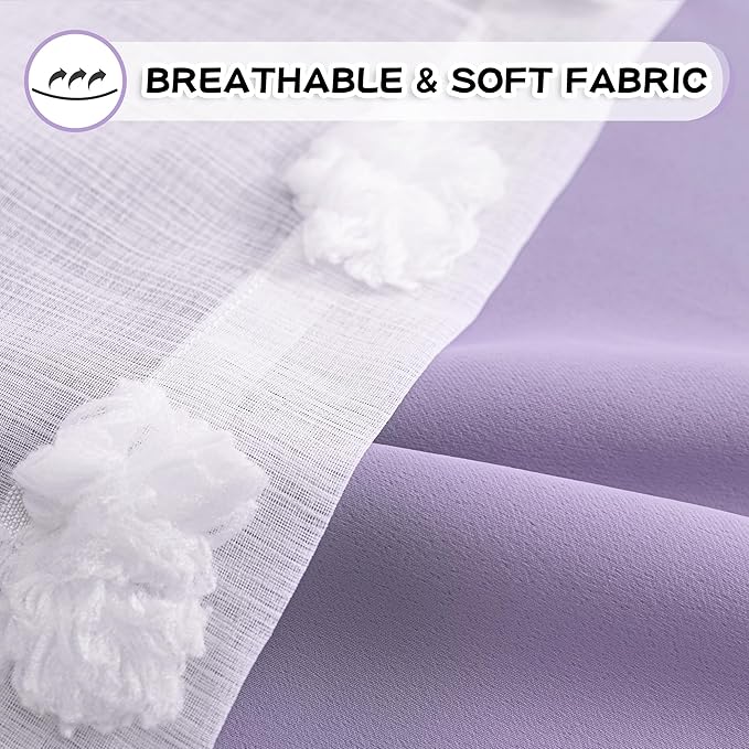 MYSKY HOME Girls Curtains for Bedroom Lilac Curtains 90 Inches Long Nursery Curtains White Pom Pom Sheer Curtains for Dining Room Grommet Double Layer Toddler Room Darkening Window Panels W52 X L90