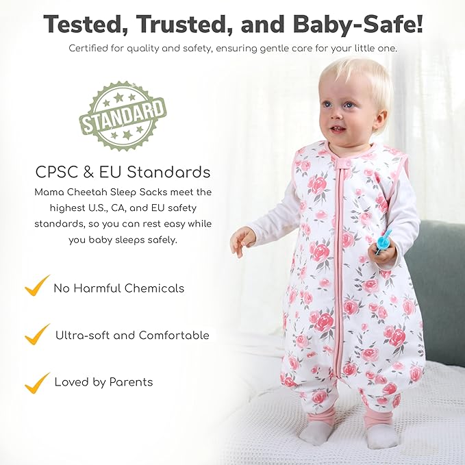 Mama Cheetah Toddler Sleep Sack with Feet 2T, 1.0 TOG Organic Cotton Baby Wearable Blankets with Legs, Baby Sleeping Bag for Walkers, Early Walker M