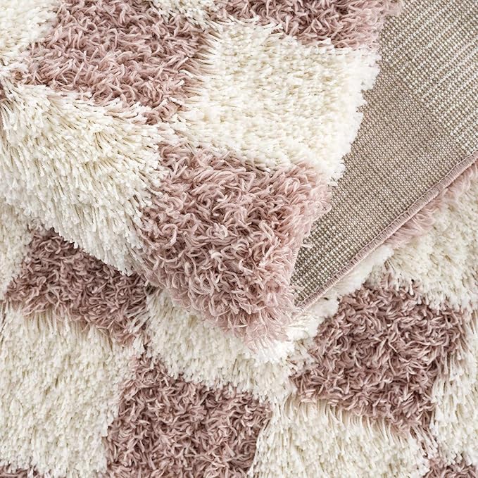 Hauteloom Atira Contemporary Checkered Fluffy Shag Area Rug - Modern Geometric Carpet Tiles for Living Room, Kids Room, Nursery - Plush Pile - Cream, Pink - 4' x 6'