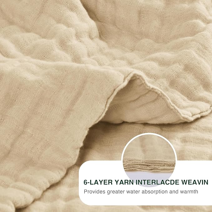 Love's cabin 6 Layer 100% Cotton Muslin Blanket, 108"x90" Muslin King Size Blanket for Bed Couch, Lightweight and Breathable Cotton Gauze for Adult, Khaki