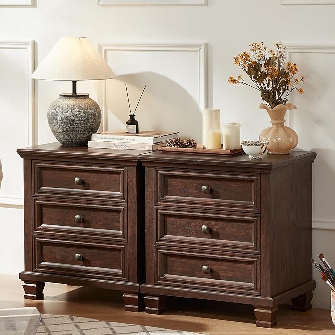 Farmhouse Bedroom Dresser and Nightstand Set of 4, 6 Drawer Low & 5 Drawers Dresser & 3 Drawer Nightstand Set with Wooden Legs, Rustic Wood Furniture for Bedroom, Hallway, Walnut