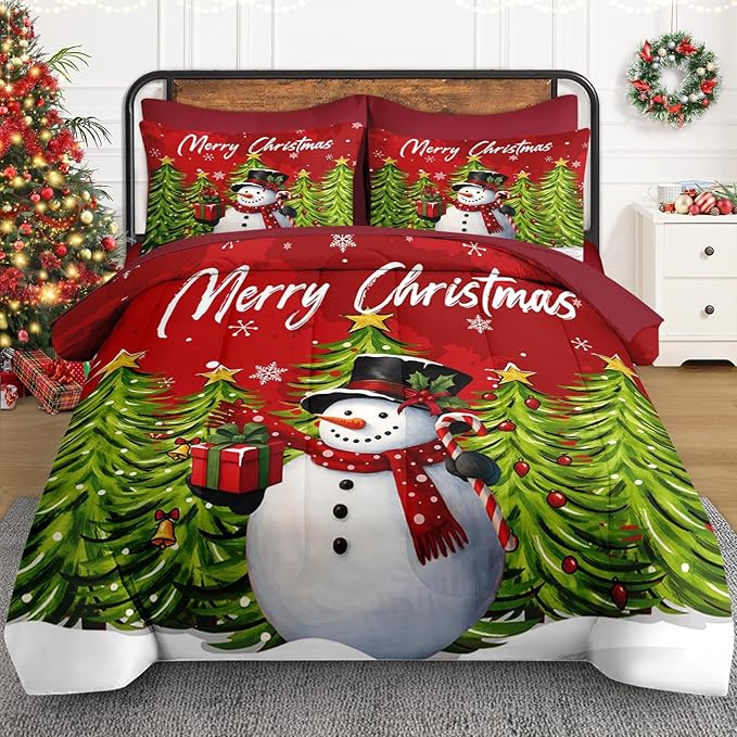 5 Pcs Twin Size Christmas Comforter Set with Pillowcase & Sham, Red Cartoon Snowman Bedding for Kids and Adults, Funny Xmas Pine Forest Bed in a Bag with Flat Fitted Sheet