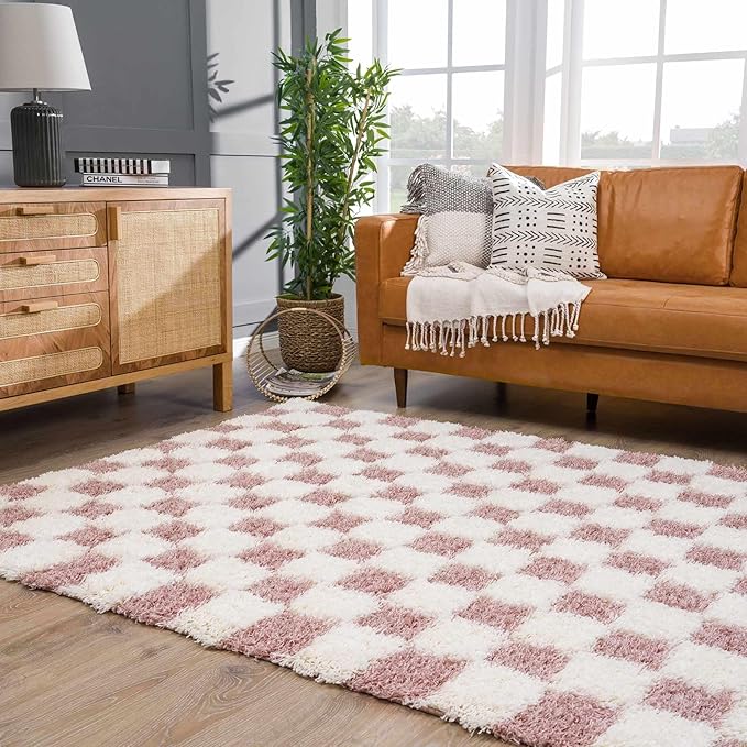 BoutiqueRugs Atira Modern Checkered Shag Area Rug - High Pile Fluffy Shaggy Carpet - Kids Room, Nursery, Living Room Shaggy Carpet - Pink, Cream, White, Blush, Rose - 6'7" X 9'6"