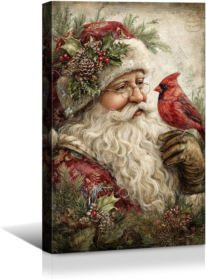 YONICA Christmas Canvas Wall Art Santa with Cardinal 18x24 Inch Vintage Style with Red Bird - Large Framed Gallery Wrapped Wildlife Art