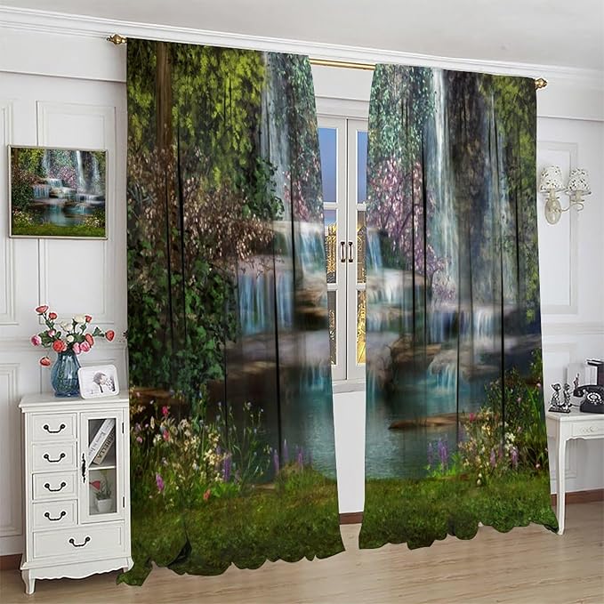 Natural Waterfall Blackout Window Curtains, Waterfalls Flowers Trees Landscape Window Drapes, for Living Room Bedroom 63" W X 72" L