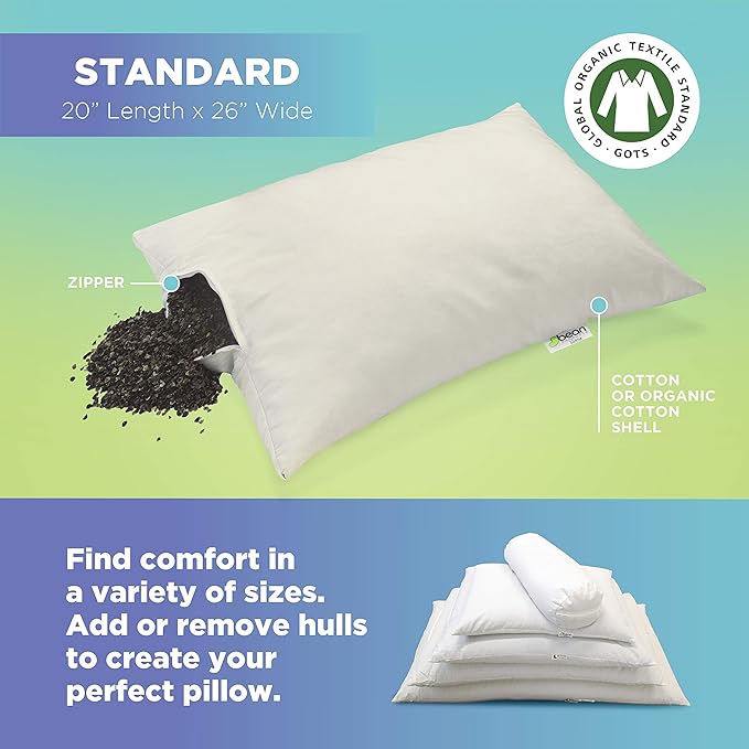 Bean Products 20" x 30" Queen Bed Pillow for Sleeping – Organic Buckwheat Fill with Organic Cotton Fabric, Soft Head Pillow – Eco-Friendly, Breathable, and Durable Sleep Aid, Made in The USA