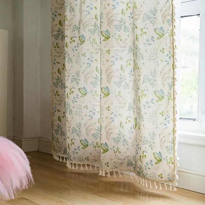 ENJOYBRIDAL Leaf Curtains 84 Inch Length 2 Panels Tassel Boho Semi Sheer Drapes Bedroom Living Room Farmhouse Floral Rustic Country Rod Pocket Cotton Linen Blend Window Curtain Panel