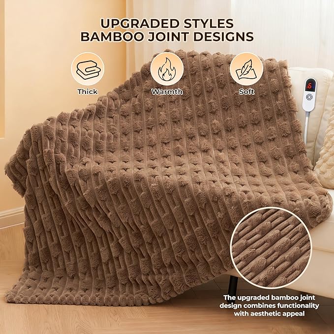 Heated Throw Blanket 50"x60", Electric Blanket with Bamboo Pattern, Luxury Faux Rabbit Fur&Soft Flannel, 6 Heat Settings, 1-4 Hour Auto Shut-Off, Throw Blanket for Couch, Machine Washable, Dark Brown