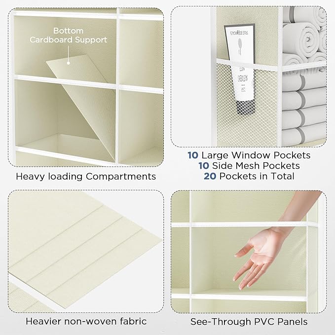PureSpace 5-Tier Over The Door Organizer with 10 Side Mesh Pockets & Clear Windows, 80 lb Weight Capacity Hanging Storage for Bathroom, Bedroom, Nursery, Kitchen, Organizer Toys (Beige Clear wind)