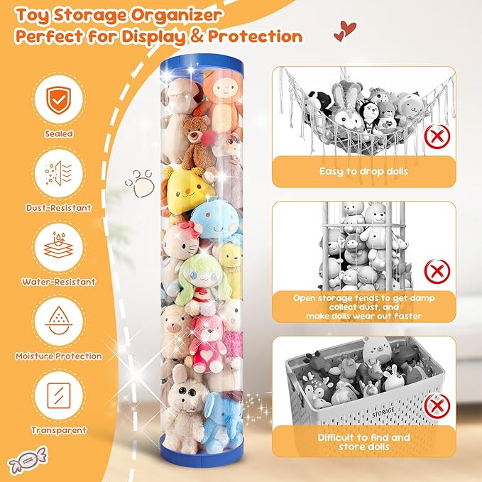 2 Pack Stuffed Animal Storage Tube - Clear 60 inch Large Vertical Toy Organizer, PET Transparent Display Holder for Plushies, Kids Stuffed Animals Zoo for Playroom, Living Room, Bedroom (Sky Blue)