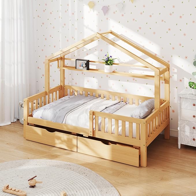 Aoowow Twin Size House Bed with Storage Drawers and Shelf,Kids Wooden Bed Frame Twin Platform Bed with Slats and Fence for Boys Girls Teens for Bedroom(Natural)