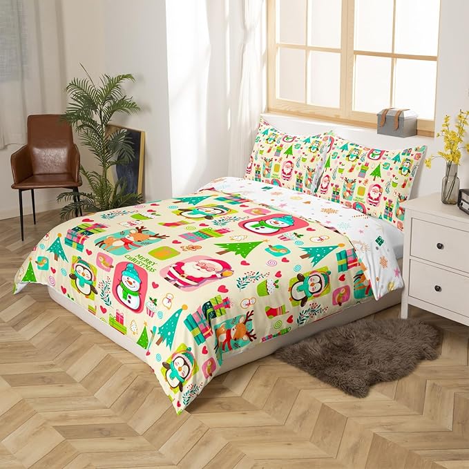 Christmas Comforter Cover Cartoon Santa Claus Snowman Flower Bedding Set Cute Penguin Deer Duvet Cover for Children Boys Girls Microfiber Gift Boxes Bedspread Cover Room Decor Bedclothes King Size