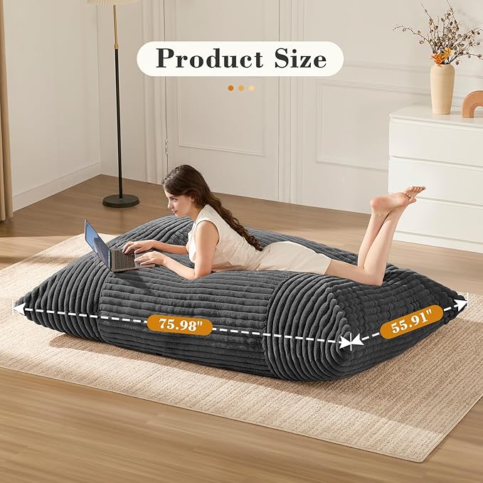 3-in-1 Giant Bean Bag Chair for Adults & Kid, Convertible Floor Sofa to Mattress, High-Density Foam Bean Bag Bed with Washable Cover, Multi Functional Lounge Couch for Bedroom, Living Room (Dark Grey)