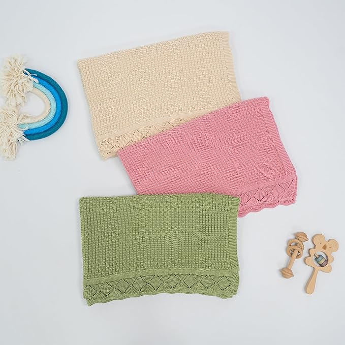 Baby Knit Blanket, 100% Cotton Waffle Patterns, Soft, Cozy, Lightweight Swaddle for Newborn & Infant Swaddling Beige Neutral, Perfect Baby Shower Ideas Baby Blue 30x40