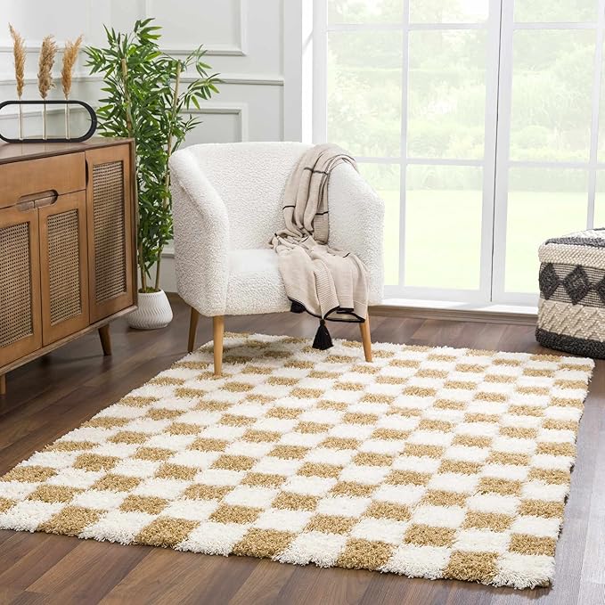 Hauteloom Atira Contemporary Checkered Fluffy Shag Area Rug - Modern Geometric Carpet Tiles for Living Room, Kids Room, Nursery - Plush Pile - Yellow, Cream, White - 5'3" x 7'3"