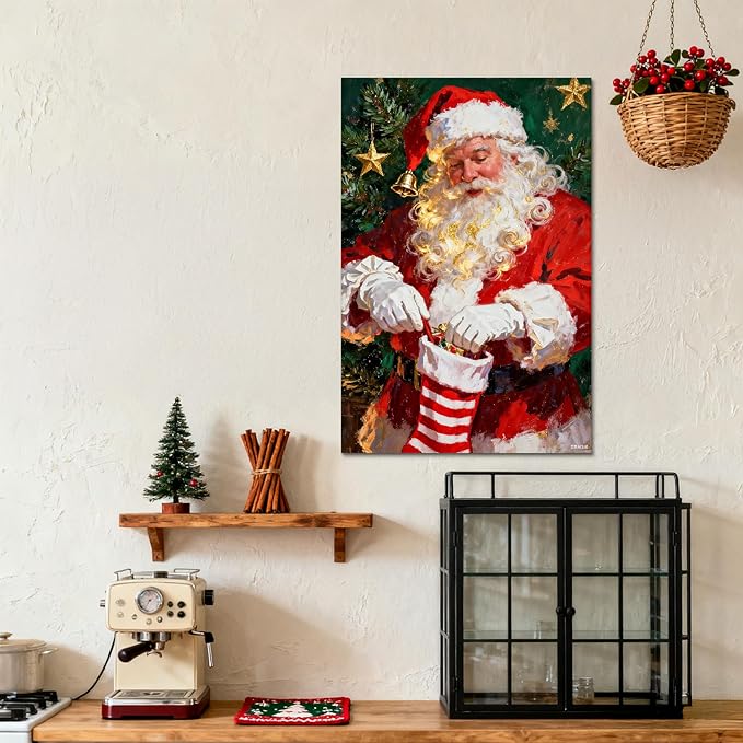 YONICA Christmas Canvas Wall Art Stocking Santa 24x36 Inch Oil Painting Filling Christmas Sock - Large Framed Gallery Wrapped Family Tradition