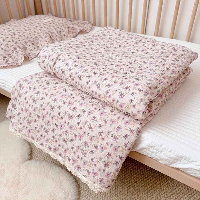 BuLuTu Purple Floral Print Toddler Blanket Quilted 100% Cotton Muslin Lightweight Kids Comforter Soft Bed Blankets for Girls Toddler Crib Quilt, All Seasons Blankets, 47x59 Inches