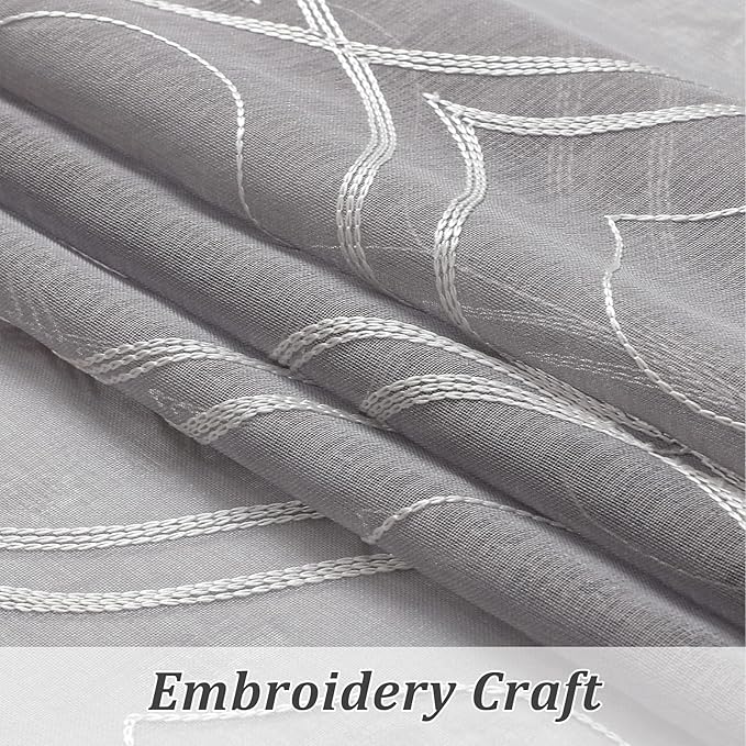 VISIONTEX Sheer Curtains 95 Inches Long 2 Panels Set Light Grey Moroccan Embroidered Curtains Trellis French Textured Rod Pocket Voile Tulle Semi Window Drapes for Bedroom Living Room 54 x 95 Inches