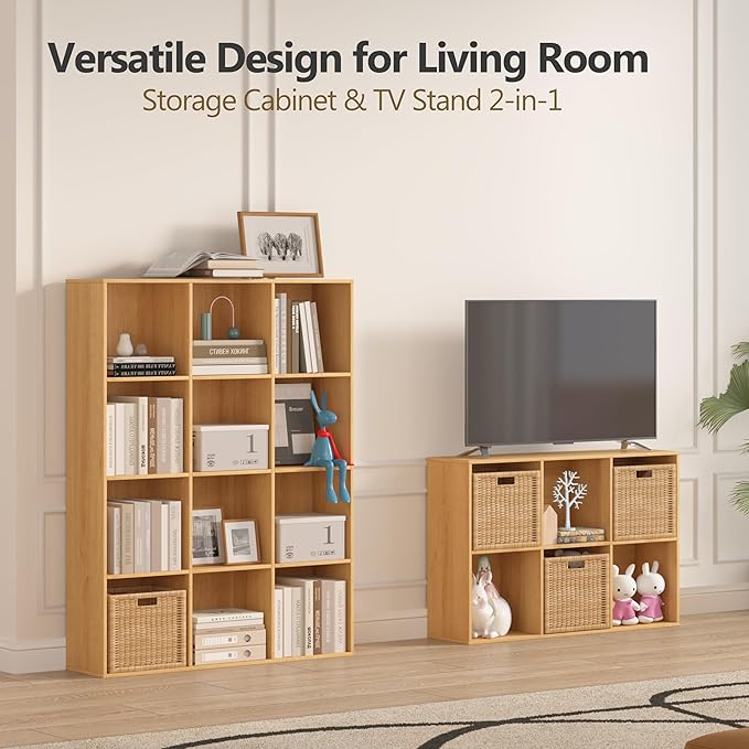 8 Cube Storage Organizer Bookshelf, Closed Back Display Bookcase, Cubby Shelf for Home Office, Living Room, Bedroom, Kids Room, Large Capacity Toy Storage, 35.98" L x 9.45" W x 35.91"H, Natural Wood