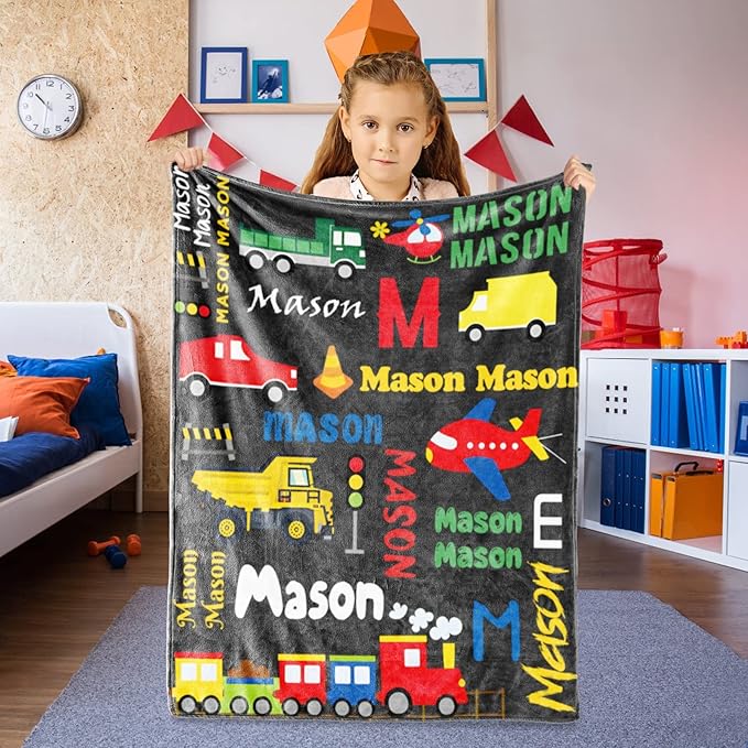 Personalized Blanket with Name for Boys, City Car Transport Custom Name Blanket, Soft Flannel Toddler Blankets Customized Gift for Newborn Baby Shower Birthday-60 x80