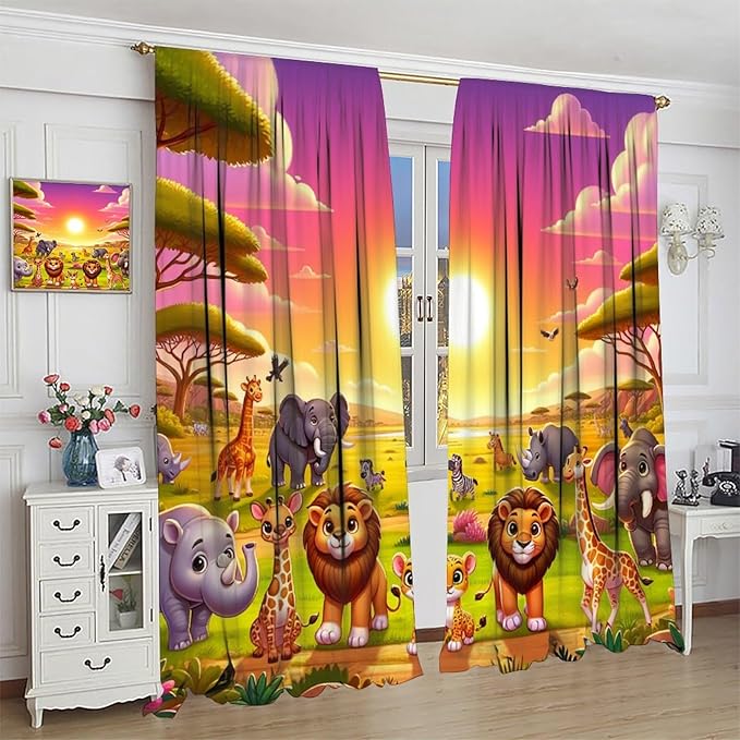 West Animal Curtains Kids Boys Girls Window Treatment Africa Cartoon Animals Lion Elephant Giraffe for Nursery Baby Bedroom Playroom Decor Window Drapes 63" W X 63" L