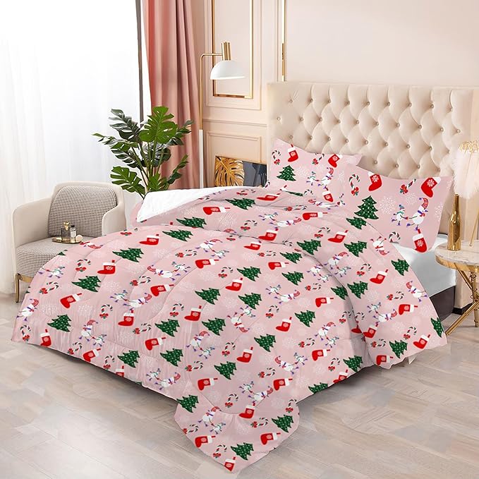 Pink Christmas Comforter Set: Full Size Christmas Tree Snowman Bedding Set for Teens Girls Xmas Stocking Candy Cane Quilts Snowflake Bed Set 1 Comforter & 2 Pillowcases