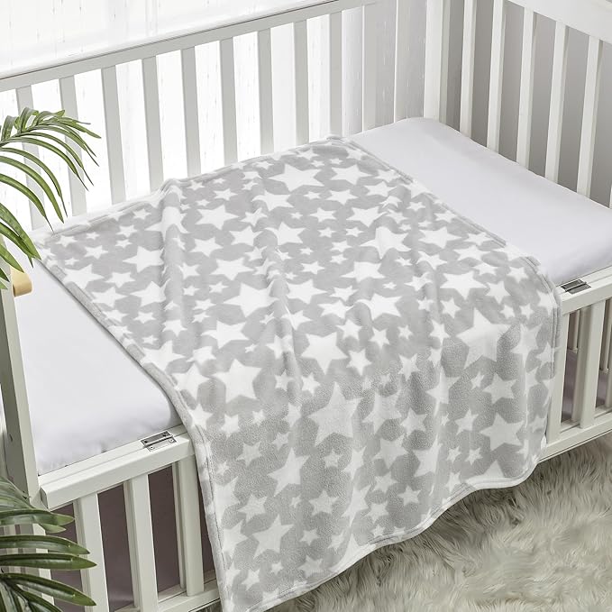 CREVENT 2Pcs 30''X40'' Cute Cozy Fluffy Warm Baby Blankets for Infants Toddlers' Bedding Crib Cot Stroller - Grey Cloud + Star