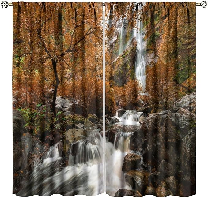 Forest Waterfall Blackout Curtains, Autumn Jungle Mountains Fall Nature Landscape Window Drapes, for Bedroom Living Room 55" W X 63" L