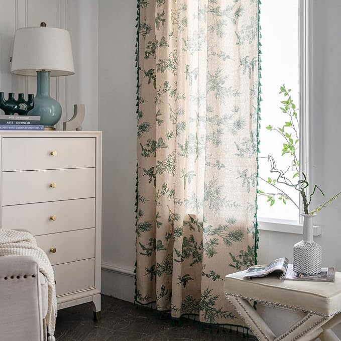 Bohemian Curtains Floral Semi Sheer Drapes 96 Inch Length Cotton Linen Farmhouse Curtain Panels with Tassel Green Botanical Print Rod Pocket Room Darkening Curtain for Living Room Bedroom, 2 Panel