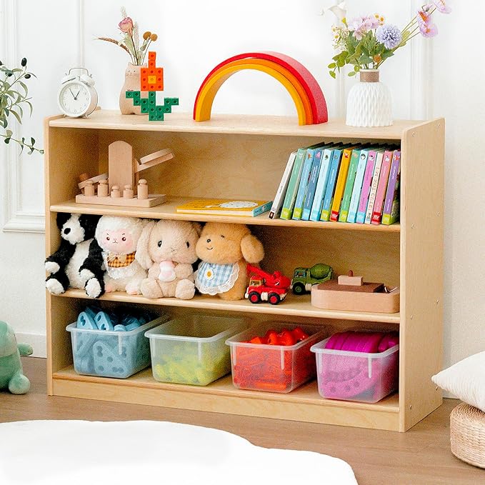 Kids Bookshelf and Toy Storage Shelf, Wooden Montessori Bookshelf, 3-Tier Toy Shelf, 30in Birch Children Bookcase, Classroom Furniture, Book Shelf for Kids Room, Nursery, Playroom