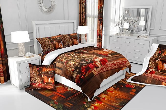 Vintage Christmas Comforter Set - King Size, Merry Christmas Bedding Set 3Pcs, Pine Tree Luxury Quilt Set, 2 Pillowcases