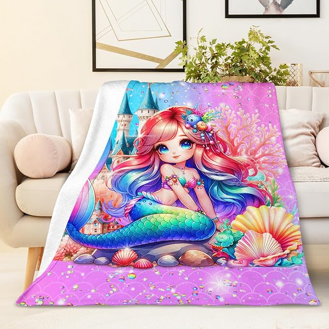 Girls Mermaid Blanket, Throw for Toddlers Kids Mermaid Lovers 30x40 Inches Lightweight Soft Cute Throw Blankets for Sofa Couch Bed Trip