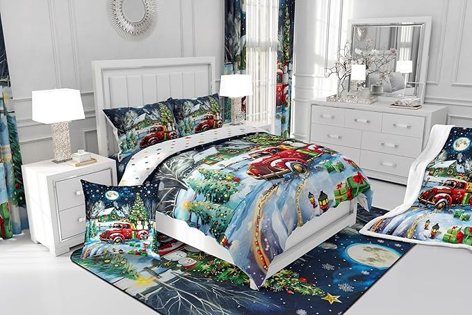 Rustic Farmhouse Xmas Comforter Set Queen Size,Retro Red Truck Snowman Bedding Set for Kids Boys Girls Room Decor,Snowflake Cabin Christmas Tree Duvet Insert 3Pcs,Xmas Theme Quilt Set,2 Pillowcases