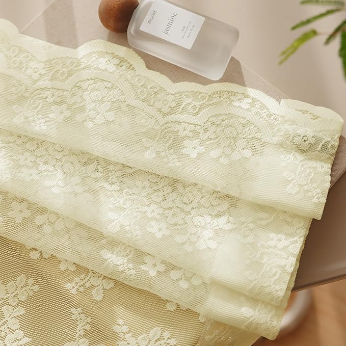 Anmao Vintage Lace Curtains 84 Inches Long 2 Panels Set, Romantic Elegant Light Filtering Semi Sheer Floral Thick Lacy Curtain Drapes for Living Room and Bedroom, Each Panel 55W x 84L, Cream Yellow