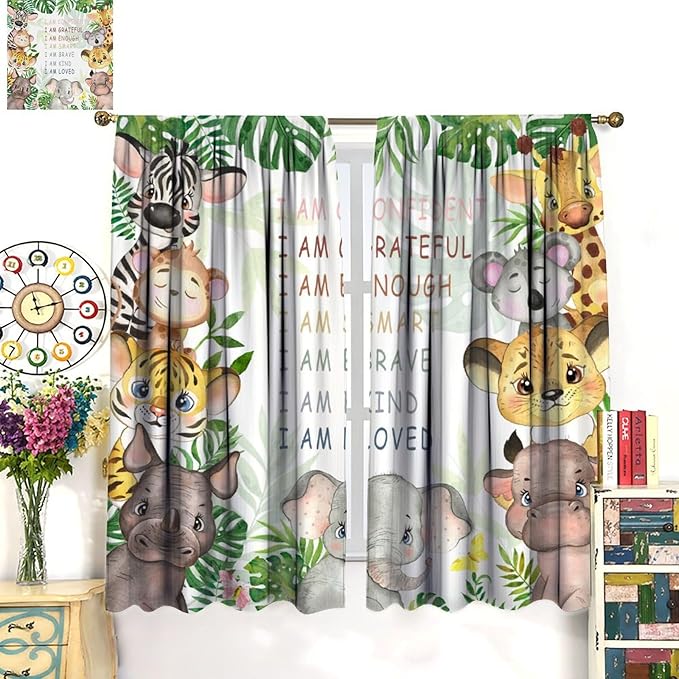 Cartoon Safari Animal Curtains Cute Watercolor Wildlife Jungle Window Treatments for Kids Boys Girls Bedroom Living Room Inspirational Motivational Quotes Nursery Children Drapes W63xL63