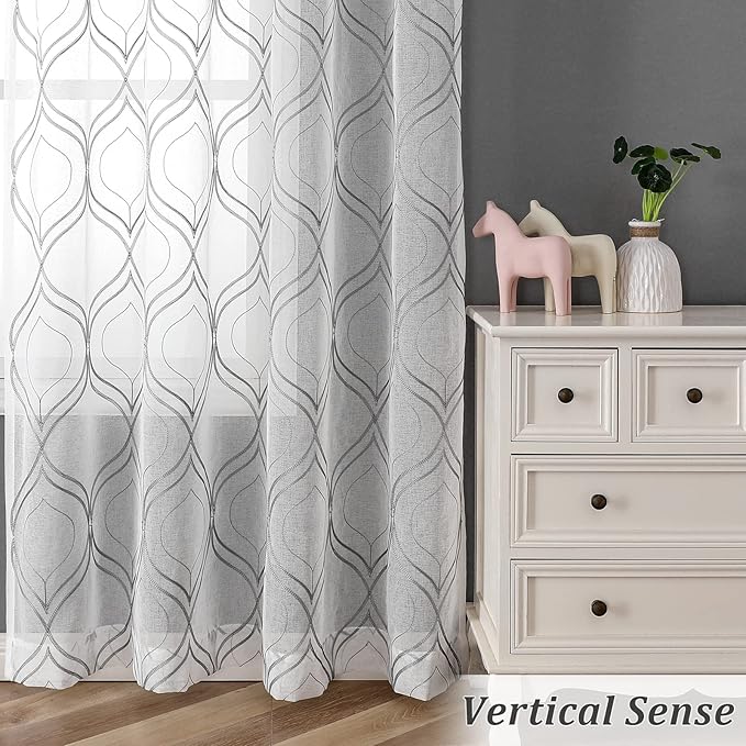 VISIONTEX White Sheer Curtains 84 Inches Long 2 Panels Set Grey Moroccan Embroidered Curtains Trellis French Textured Rod Pocket Voile Tulle Semi Window Drapes for Bedroom Living Room 54 x 84 Inches