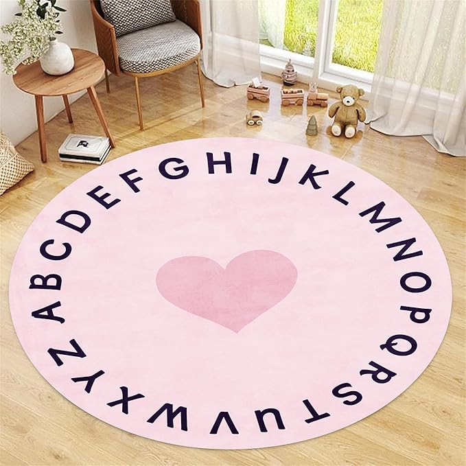 Super Soft Pink Round Rug,4ft,Children's ABC Letter Educational Learning Rug, Non-Slip Washable Nursery Rug, Children's Crawling Play Mat, Suitable for Boys And Girls Bedroom Playroom Decoration