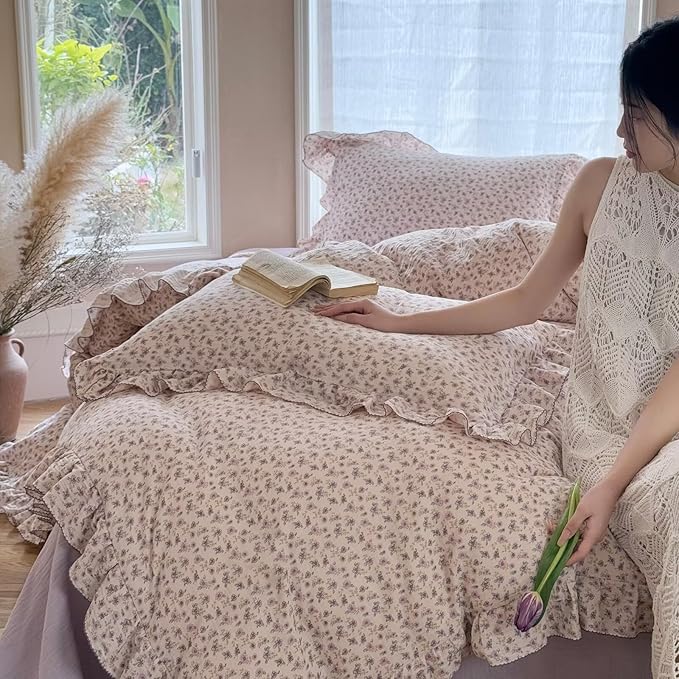 BuLuTu Purple Floral Duvet Cover King, Muslin Cotton Comforter Cover for King Size Bed, Cottage Ruffles Bedding Quilt Covers 104"x90", Zipper & 4 Ties, No Pillowcses, All Seasons