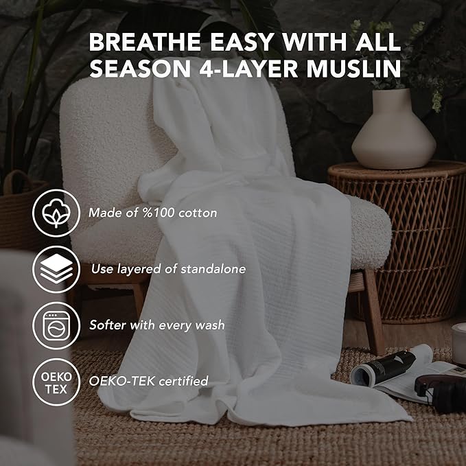 Goqan Muslin Blanket Twin 55x79 – 100% Cotton 4 Layer Boho Muslin Blanket for Adults, Lightweight, Soft, Breathable, for Bed, Couch - White