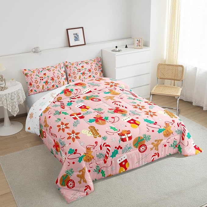 Feelyou Cute Gingerbread Man Bedding Set for Kids Boys Girls King Size Comforter Set Ultra Soft Winter Christmas Comforter Xmas Duvet Quilt Bedroom Decor Christmas Decor Quilt