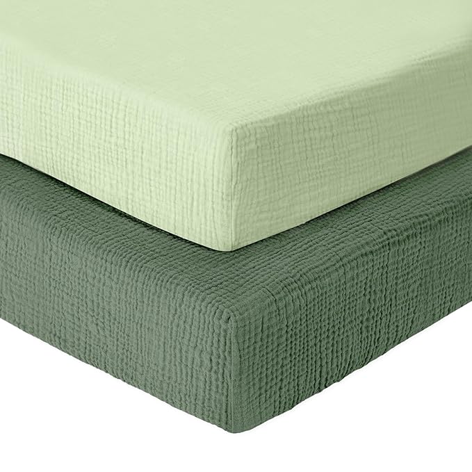 Dreamology Muslin Crib Sheets 2 Pack, 100% Cotton Crib Sheet Fitted, for Girls, Boys, Muslin Crib Sheet for Standard Crib, 52x28 Crib Mattress Sheets, Standard Crib Sheets | Green and Light Green