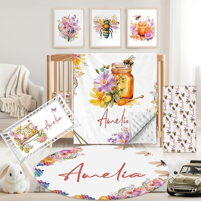 Personalized Baby Crib Bedding Set, 5 Pcs Custom Name Nursery Bedding Set for Girls Boys, Honey & Bee Baby Crib Set for Toddlers Infants, Double Layer Bedding Crib Sets Customized Gifts