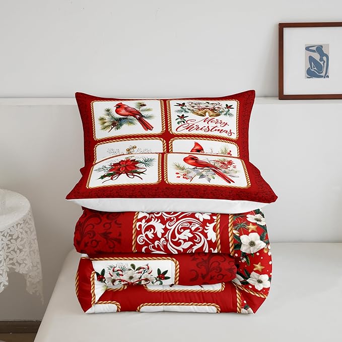 Castle Fairy Merry Christmas Full Size Comforter Set,Red Patchwork Xmas Themed Plaid Bedding Comforters Bedroom Collection,Cardinals Berries Bells Floral Pine Bedding Set for Girls Teens
