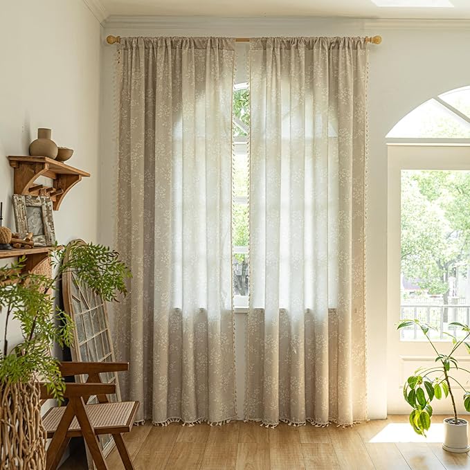 ENJOYBRIDAL Floral 96 Inch Curtains 2 Panel Set Light Camel Rustic Drapes Rod Pocket Bedroom Living Room Semi Sheer Window Curtain Panels Long Farmhouse Boho Chic Cute Window Treatments