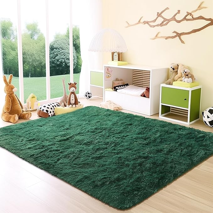 Fluffy Rug Non Slip 6x9 Feet, Black Green Large Rugs for Living Room Floor Moss Emerald Shaggy Carpet for Bedroom