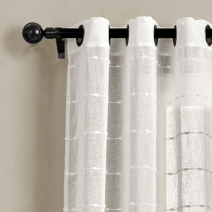 Lush Decor Farmhouse Textured Grommet Sheer Window Curtain Panel Pair, 38"W x 95"L, White