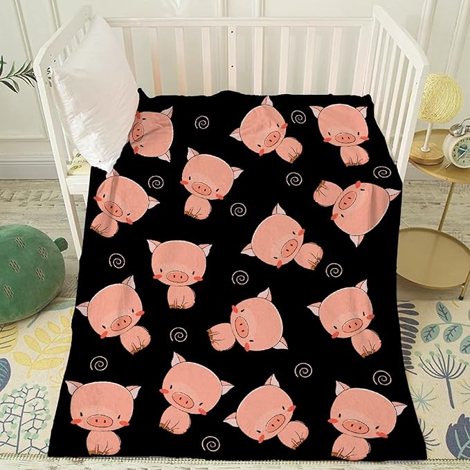Thuswarm Cute Piggy Kawaii Pig Black Flannel Throw Blanket Warm Cozy Soft Funny Print Blankets for Bed Couch Sofa Room Decoration Gifts 40"×30" XSmall for Pets