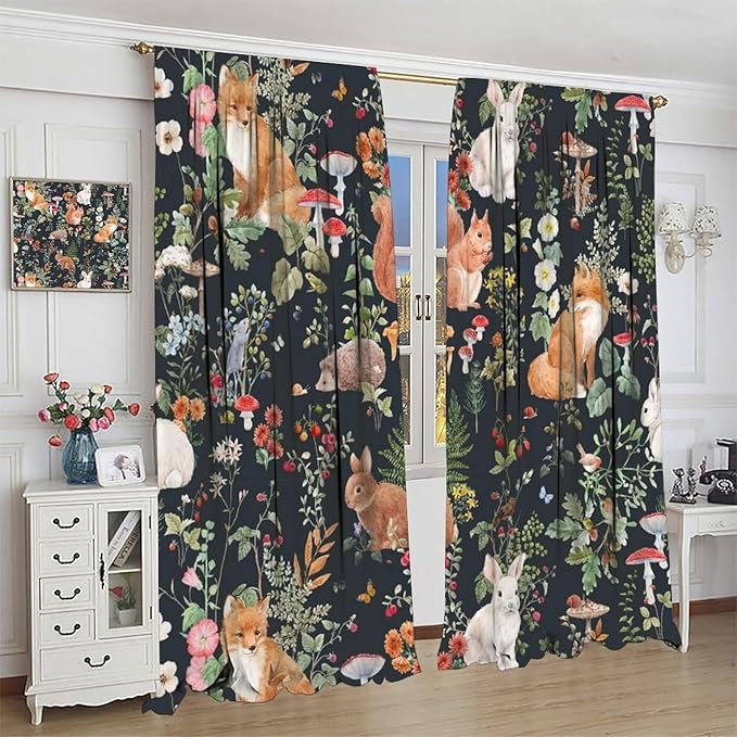 Animal Curtains, Watercolor Forest Animals Plants Pattern Blackout Window Treatments, Rod Pocket Thermal Insulated Drapes 2 Panel Sets for Bedroom Living Room, 63" W X 63" L