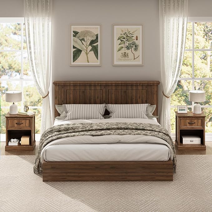 CARPETNAL Farmhouse Dresser and Nightstand Sets for Bedroom, 3 Pcs Bedroom Set, 6 Drawer Dresser & Nightstand Set of 2, Modern Wood Chest of Drawers for Bedroom, Living Room, Entryway, Brown