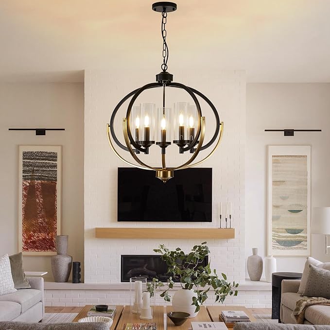 WJShome 5-Light Black and Gold Chandelier, 24" Farmhouse Dining Room Light Fixture, Adjustable Hanging Ceiling Lantern Pendant Light, with Glass Shade Globe Chandeliers, for Kitchen, Bedroom, Foyer